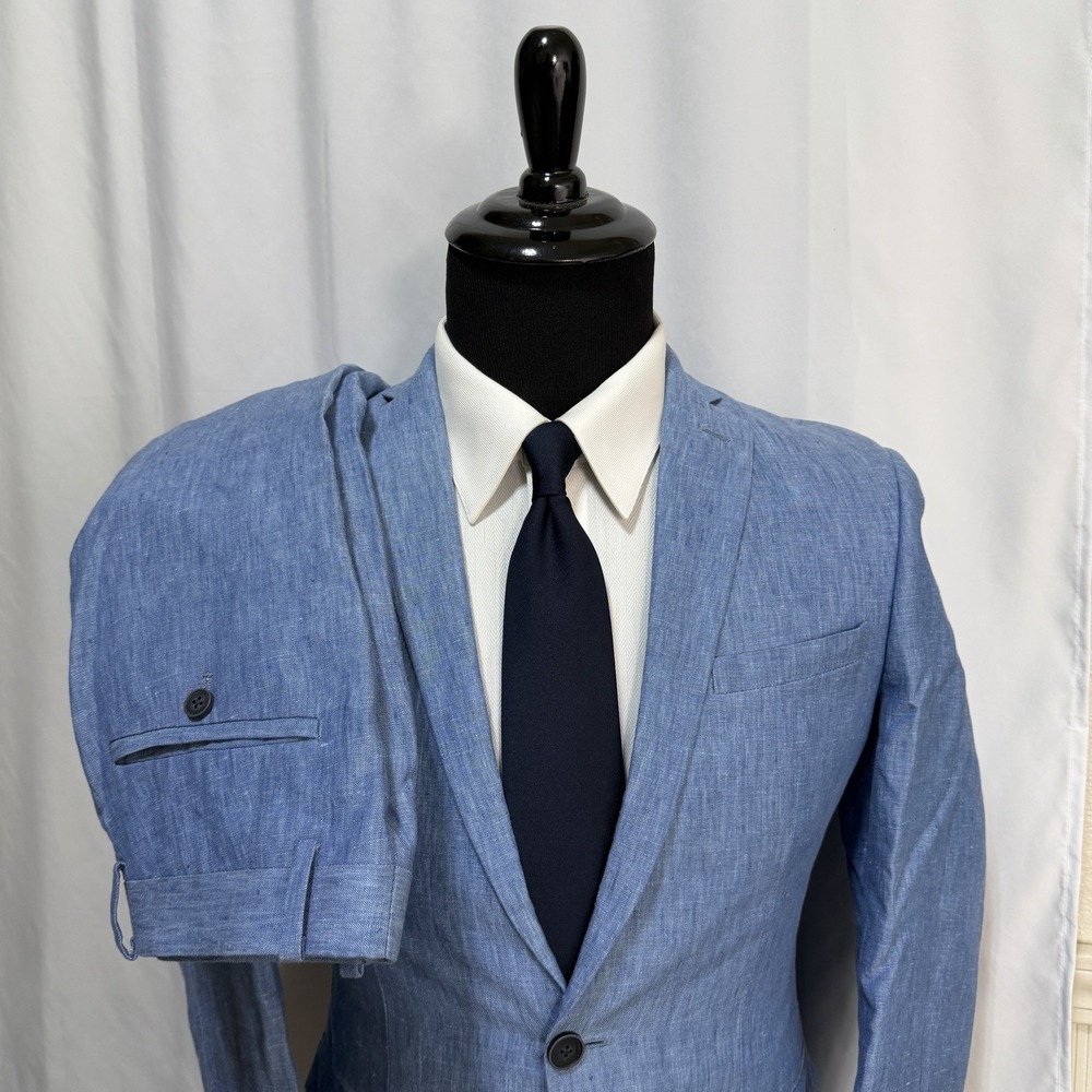 Bar III Slim-Fit 100% Linen 2 Piece Suit Mens Size 36R 29x30 Light Blue Vacation